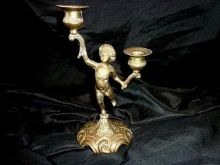 Antique Brass Gold Plated Angel Cherub Cupid Putti Double Candle Stick Holder