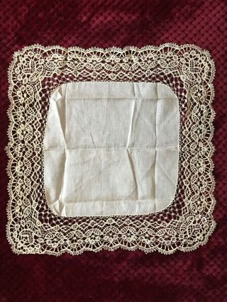 Remarkable Antique Handmade Handkerchief With Fine Guipure Bobbin Lace Edging