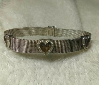 Vintage Antique Diamond Hearts Sterling Silver Mesh Bracelet Signed
