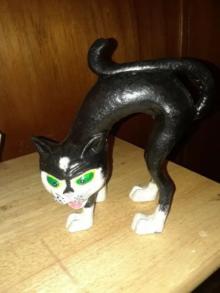 Antique Arched Back Black Cat Cast Iron Doorstop Halloween Cat
