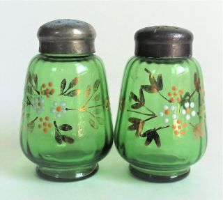 Pair Antique Jefferson Victorian Green Optic Rib Art Glass Eapg Salt Shaker Set