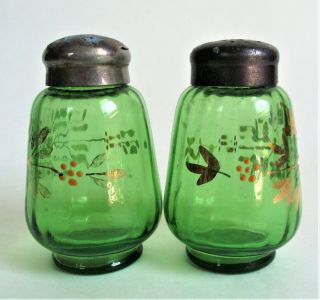 PAIR Antique JEFFERSON Victorian GREEN OPTIC RIB Art Glass EAPG Salt Shaker SET 2