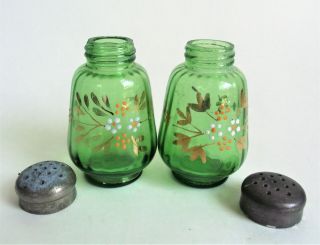 PAIR Antique JEFFERSON Victorian GREEN OPTIC RIB Art Glass EAPG Salt Shaker SET 3