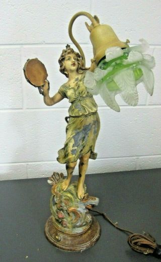 Antique Spelter Metal Tambourine Lady Figural Lamp Statue Rare Art Nouveau