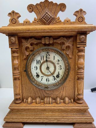 1882 Vintage Antique Victorian Royal U.  S.  A Ansonia Clock Oak Case & Pendulum