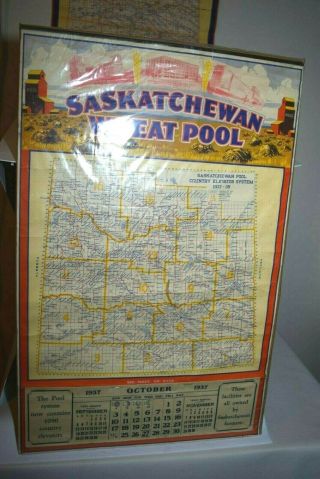 Antique 1937 Saskatchewan Wheat Pool Elevator Map Calendar Grain Farm