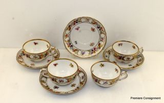 Set Of Four Antique Schumann Empress Dresden Flowers Germany Cups And Saucers
