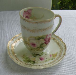 Antique Cup Saucer O.  & E.  G.  Royal Austria Floral And White Porcelain Demitasse