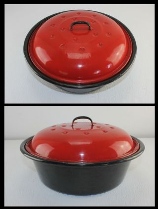 Antique Red & Black Granite Ware Enamel Round Roaster Dutch Oven Casserole W Lid