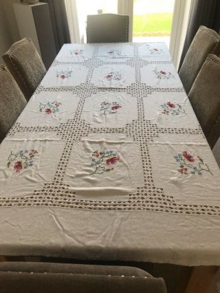 Stunning Antique Cotton Lace Needlepoint Banquet Tablecloth Bedspread 88” X 64”