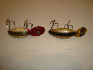 2 Vintage Heddon Tadpolly Spook Lures,  Gold Eyes,  Body Is 3 " Long,  Ex.