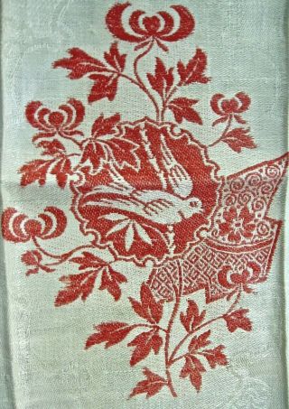 Antique 1880s Linen Damask Towel Red Woven Border,  Japonisme Designs,  Lg Bird Ctr