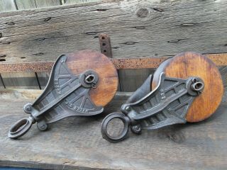 Antique/vintage Cast Iron Wood Myers Barn Pulleys Primitive Rustic Decor