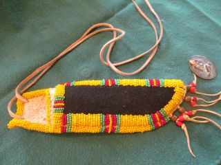 Vtg Antique Native American Indian Leather Knife Sheath - Hand Stitched Beaded