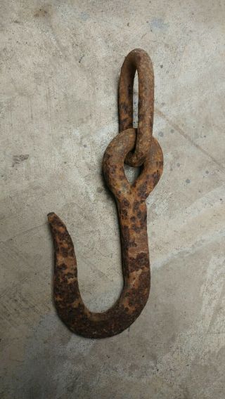 Large Forged Rusty Antique Vintage Old Primitive Metal Hook W/big Link