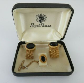 Vintage Regal Roman Gold & Black Cufflinks And Tie Pin