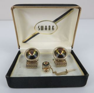 Vintage Swank Brown Crystal Glass Cufflinks And Tie Pin
