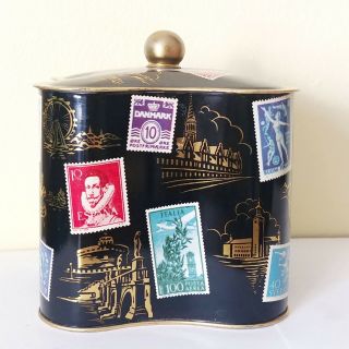 Vintage Tea Tin West Germany Box Black Postage Stamp World Travel Design