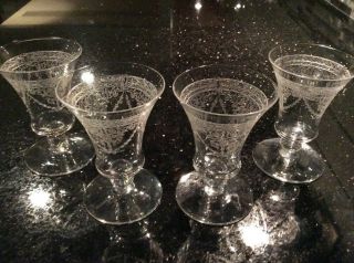 4 Vintage Cordial Glasses Clear W/etched Floral Swag And Drape Stemware Glasses