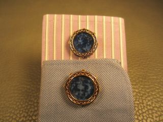 Vintage Blue Agate Yellow Gold Plated Cuff Links