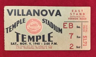 1940 Villanova Vs Temple Football Game Ticket Stub Antique Early Old Vintage