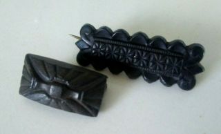 2 X Antique Victorian Carved Jet? Vulcanite? Mourning Brooches