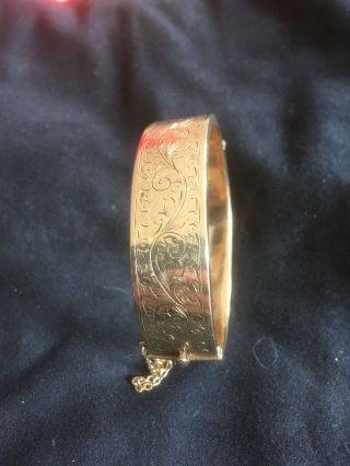 Antique 9 Ct Rose Gold Metal Core Engraved Bangle Bracelet.  15mm Wide Con