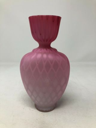Antique Victorian Pink Satin Mother Of Pearl Quilt Vase 7 1/8 "