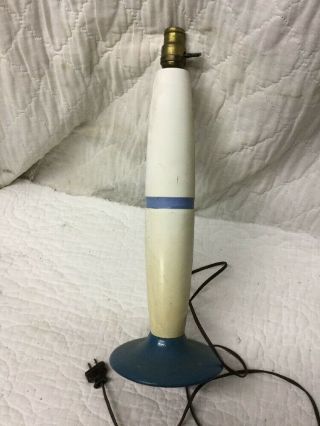 Rare Vintage Solid Wood Wooden Candlepin Bowling Pin Blue Stripe Lamp 3