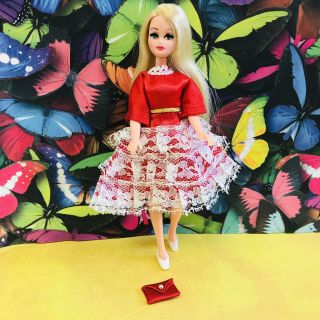 Dawn Pippa Vintage Clone Doll Fashion Only - Red/white Lace Dress With Purse