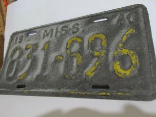 Old Antique Vintage Mississippi License Plate Car Tag 1940 Ms,