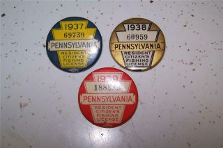1937 - 38 - 39 Pennsylvania Fishing License Buttons With Papers