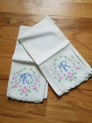 Vintage Pillowcases Embroidered Lace Edge Mr & Mrs