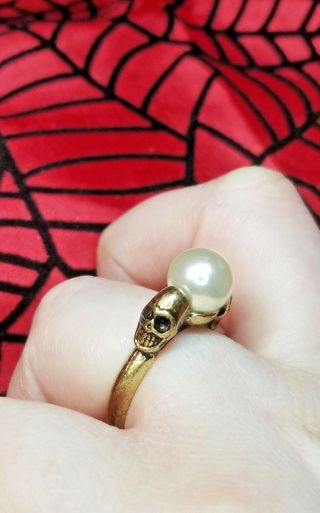 Memento Mori Vintage Style Pearl Ring With Skulls Antiqued Gold Ring Size 6.  5
