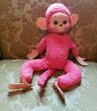 Vintage 1950s Rushton Gund Rubber Face Feet Pink Monkey Plush Stuffed Animal