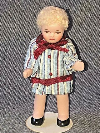 Vintage Artist Made Cathy Hansen Bisque Miniature Little Boy Doll Curly Hair