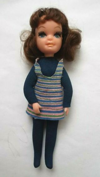 Vintage 1967 Uneeda " Tiny Teens Doll " Brunette Piggy - Tails Blue Striped Jumper