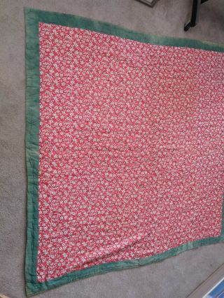 Vintage Antique Hand Tufted Comforter Red White & Faded Green Border 78 " Square