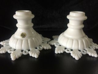 Pair Antique/vntg Nwt Westmoreland Hand Made Openlace Milk Glass Candle Holders