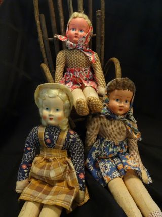 Trio Of Vintage 12 Inch Cloth Dolls Made In Poland
