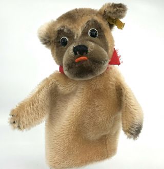 Steiff Mopsy Dog Hand Glove Puppet Mohair Plush Id Button Tag 1960s 17cm 7in Vtg