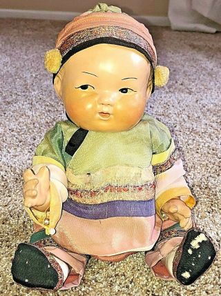 Vintage Composition Asian Baby Doll W/ Silk Clothing