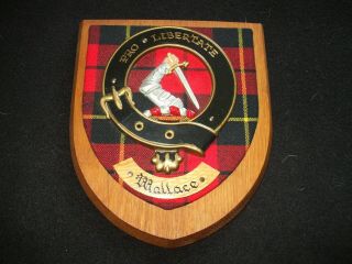 Scottish Clan Wallace - Vintage Oak Wall Plaque / Crest & Tartan For Liberty