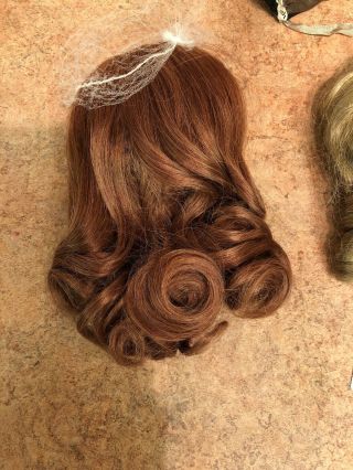 Two Human Hair Doll Wigs,  One Synthetic And A Lovely Vintage Bonnet 3