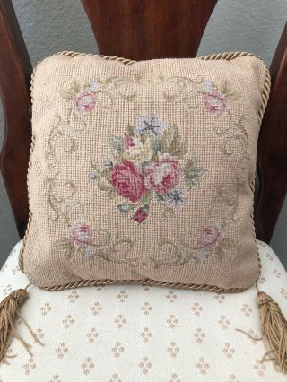 Vintage Rose Petit Point Needlepoint Pillow With Corner Tassels 11”