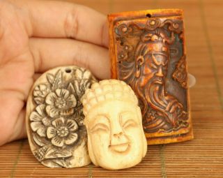 Three Rare Chinese Old Hand Carving Buddha Flower Guangong Statue Pendent Gift