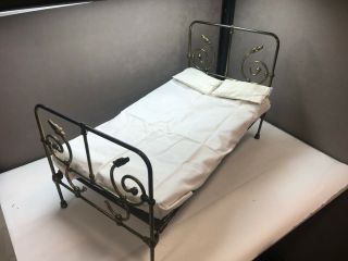 Vintage 1950s Large Baby Doll Bed W/ Mattress,  Pillows,  And Sheets Brass