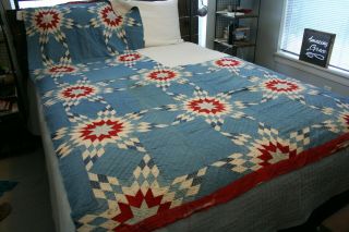 Antique Early1900s Repeating Lone Star Cutter Quilt Remnant Indigo Red Primitive