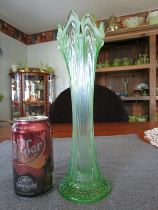Antique Fenton Green Opalescent Reverse Drapery/ Boggy Bayou 11 " Swung Vase