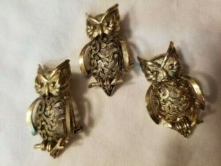 Vintage 3 Owl Pins Set Antique Gold 1 1/2 " Each